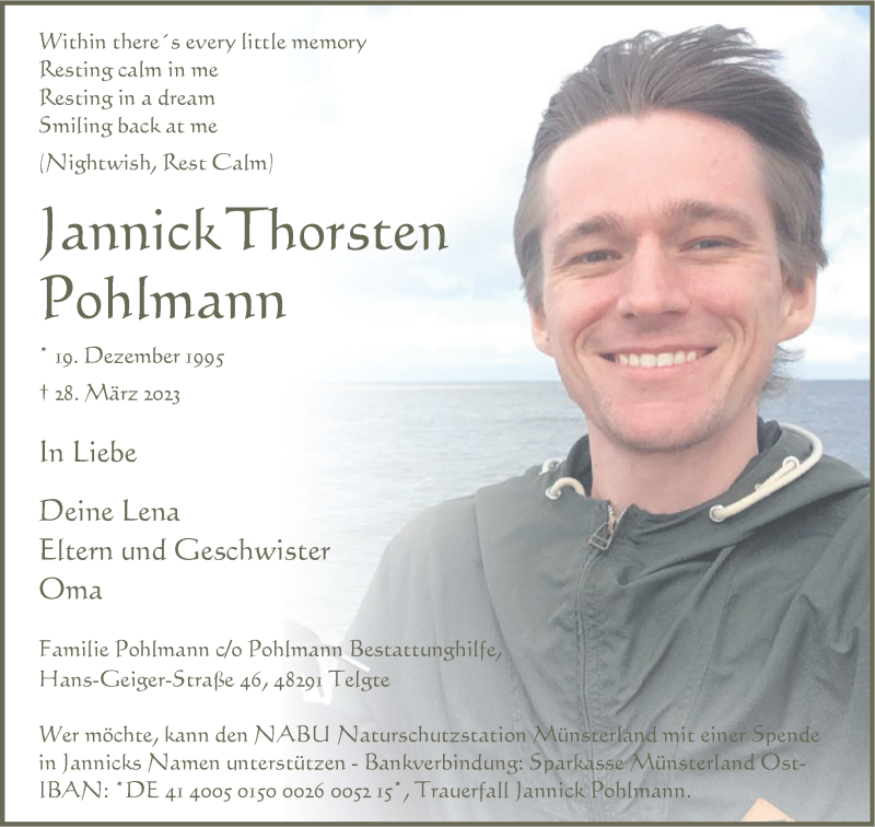  Traueranzeige für Jannick Thorsten Pohlmann vom 01.04.2023 aus 