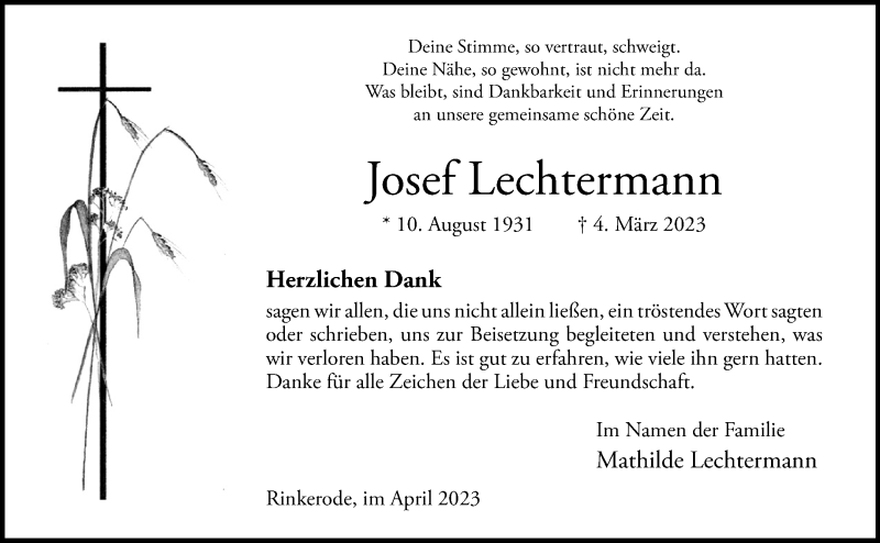 Traueranzeige für Josef Lechtermann vom 29.04.2023 aus 