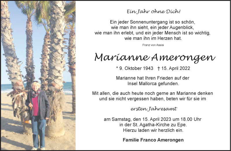  Traueranzeige für Marianne Amerongen vom 13.04.2023 aus 