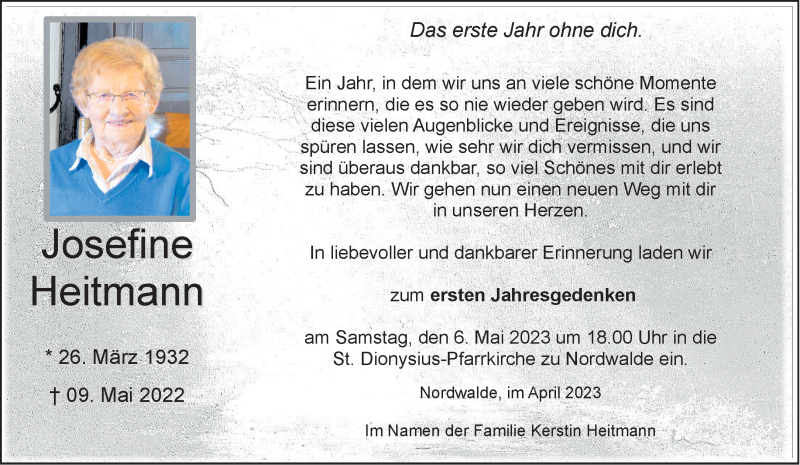  Traueranzeige für Josefine Heitmann vom 29.04.2023 aus 