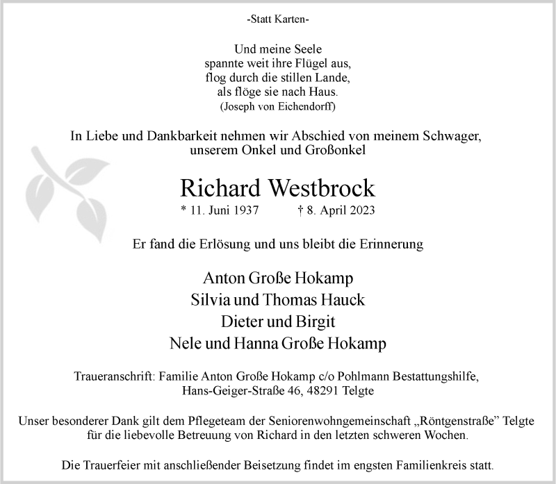  Traueranzeige für Richard Westbrock vom 22.04.2023 aus 