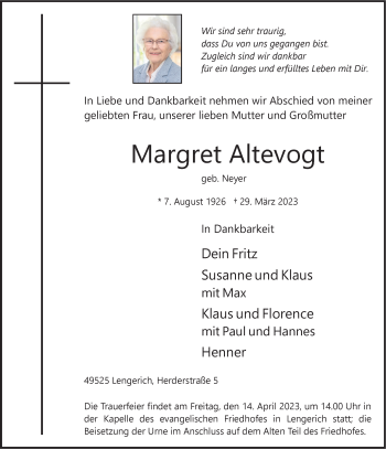 Anzeige von Margret Altevogt 