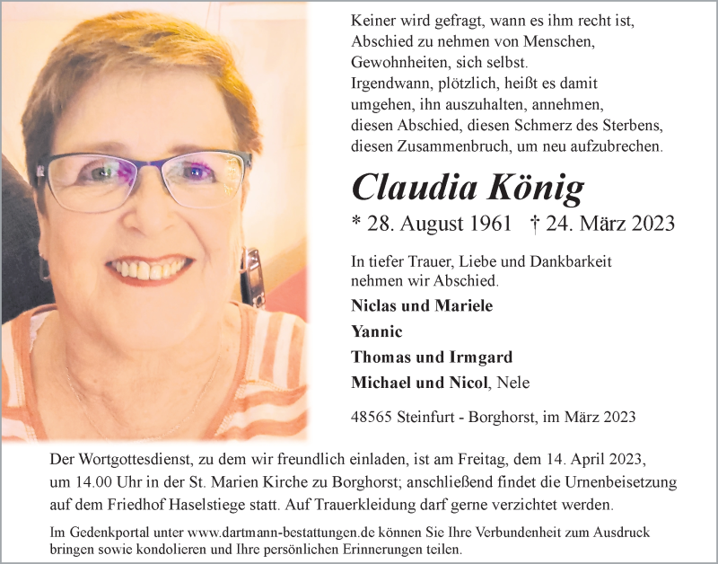  Traueranzeige für Claudia König vom 01.04.2023 aus 
