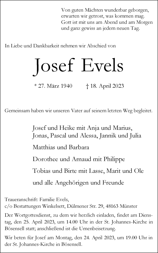  Traueranzeige für Josef Evels vom 22.04.2023 aus 