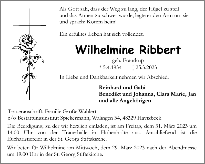  Traueranzeige für Wilhelmine Ribbert vom 29.03.2023 aus 