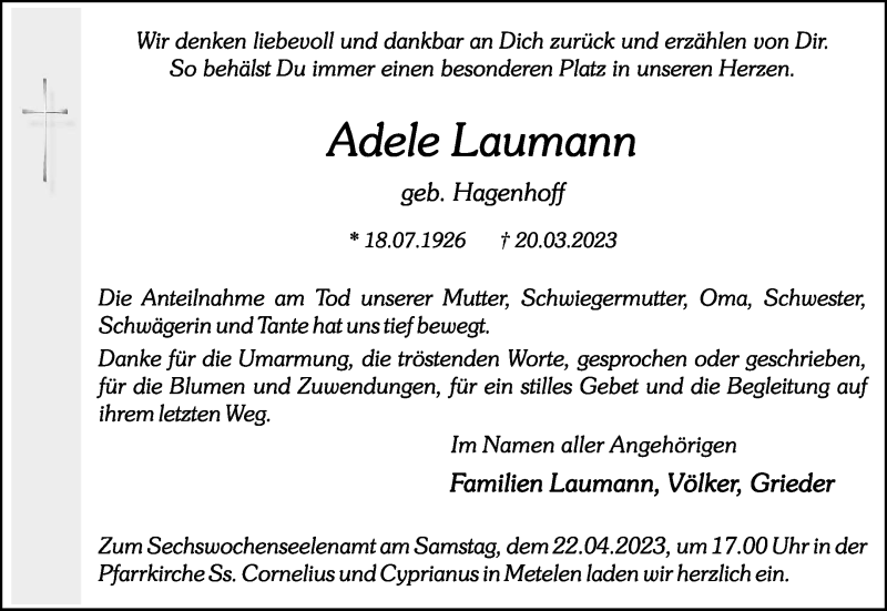  Traueranzeige für Adele Laumann vom 20.04.2023 aus 