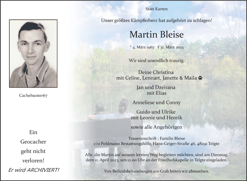  Traueranzeige für Martin Bleise vom 06.04.2023 aus 