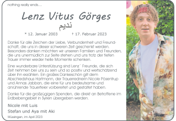Anzeige von Lenz Vitus Görges 