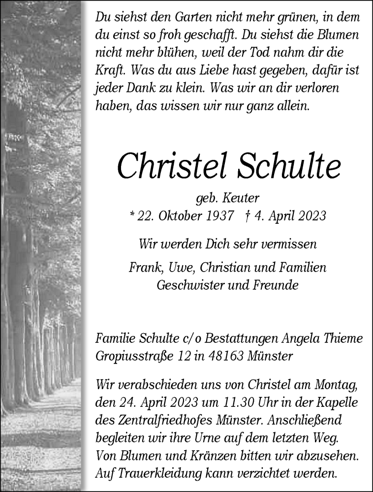  Traueranzeige für Christel Schulte vom 19.04.2023 aus 