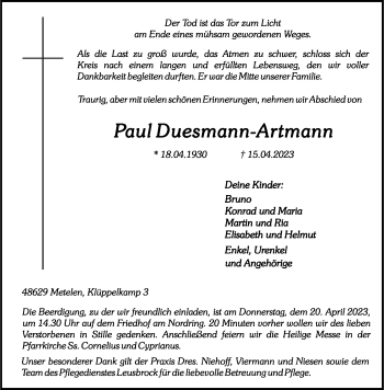 Anzeige von Paul Duesmann-Artmann 