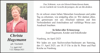 Anzeige von Christa Hagemann 