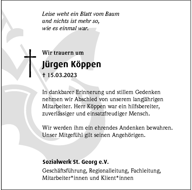  Traueranzeige für Jürgen Köppen vom 04.04.2023 aus 
