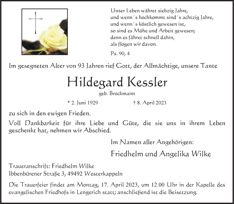  Traueranzeige für Hildegard Kessler vom 15.04.2023 aus 