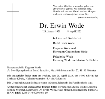 Anzeige von Dr. Erwin Wode 