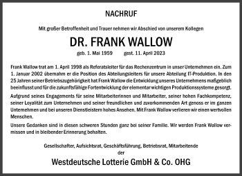 Anzeige von Dr. Frank Wallow 