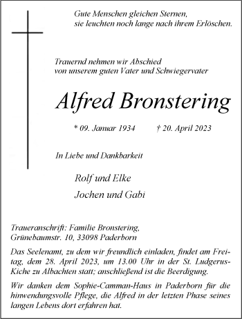 Anzeige von Alfred Bronstering 