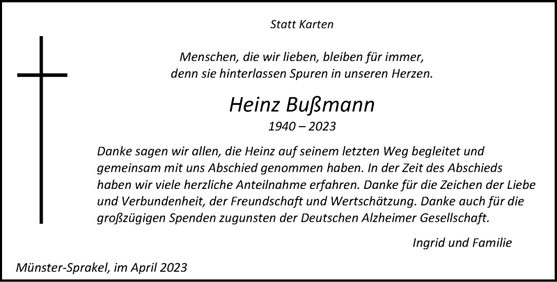  Traueranzeige für Heinz Bußmann vom 22.04.2023 aus 