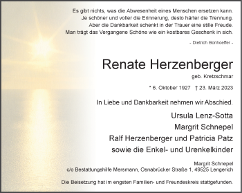 Anzeige von Renate Herzenberger 