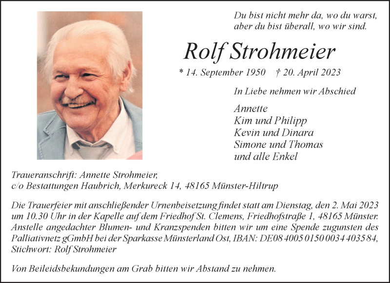  Traueranzeige für Rolf Strohmeier vom 29.04.2023 aus 