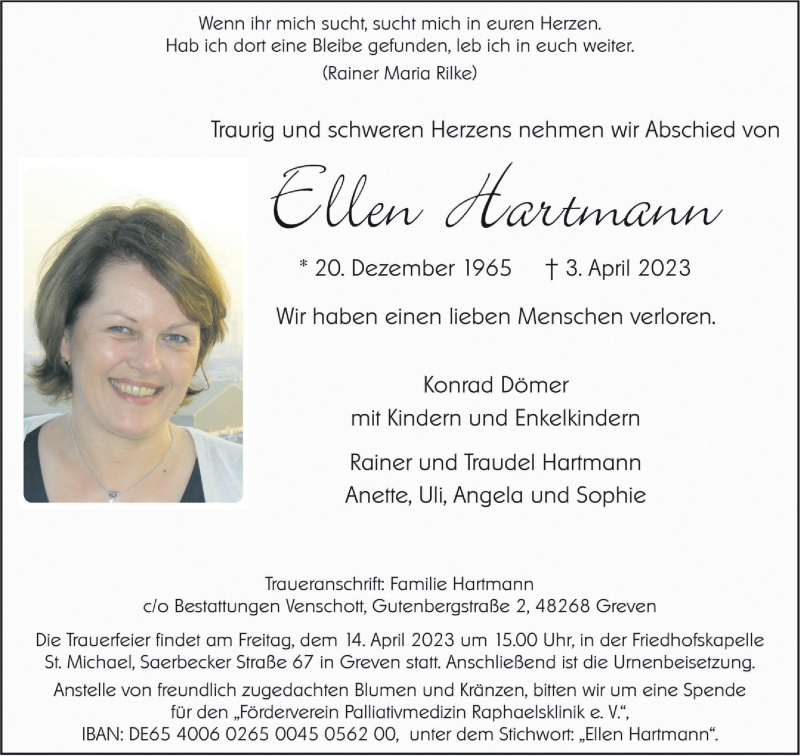  Traueranzeige für Ellen Hartmann vom 12.04.2023 aus 