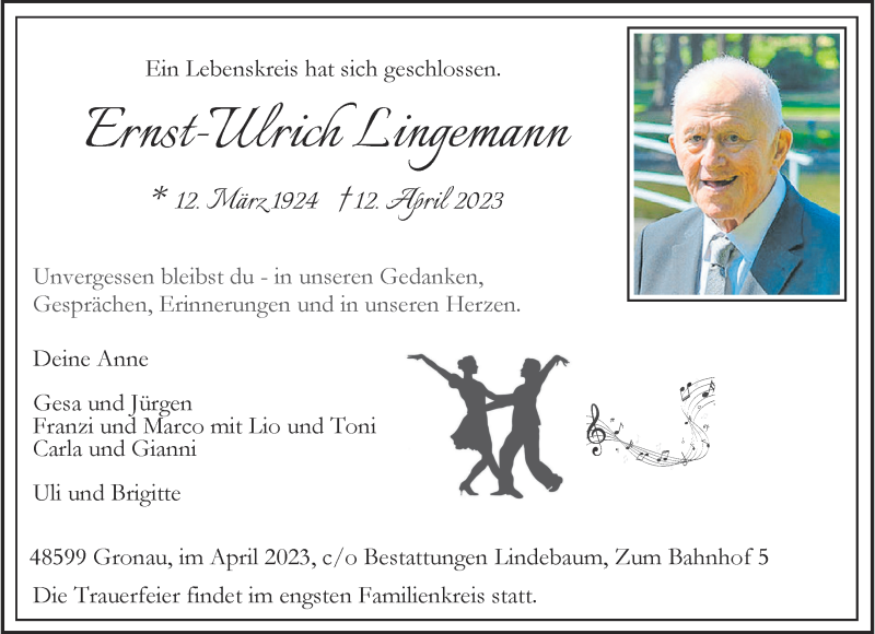  Traueranzeige für Ernst-Ulrich Lingemann vom 15.04.2023 aus 