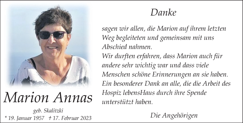  Traueranzeige für Marion Annas vom 07.04.2023 aus 