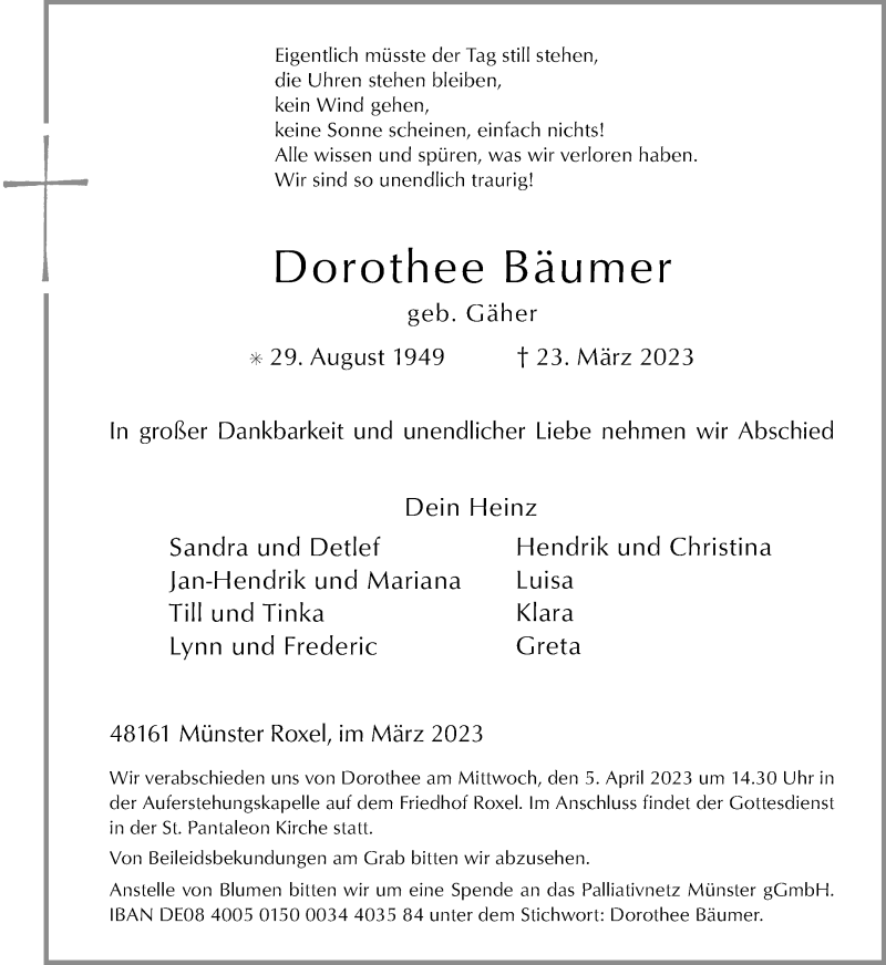  Traueranzeige für Dorothee Bäumer vom 01.04.2023 aus 