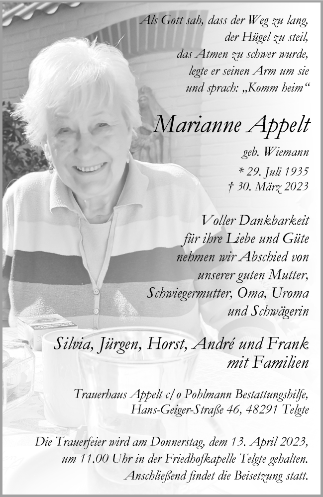  Traueranzeige für Marianne Appelt vom 07.04.2023 aus 