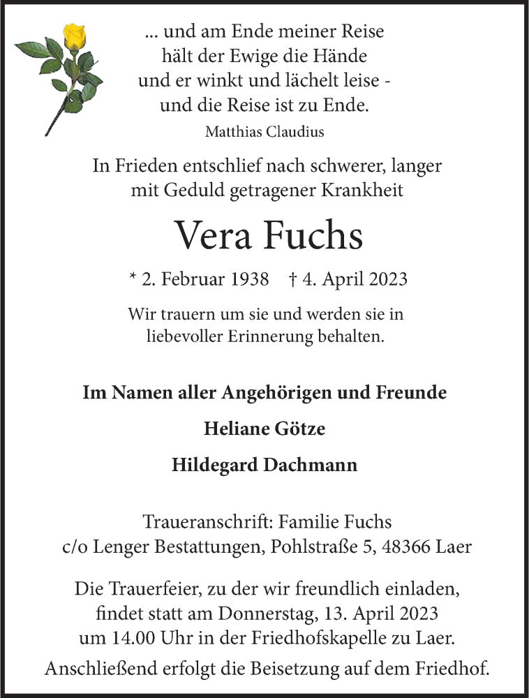  Traueranzeige für Vera Fuchs vom 07.04.2023 aus 
