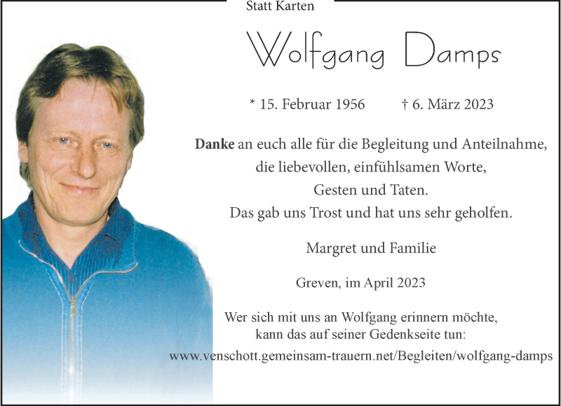  Traueranzeige für Wolfgang Damps vom 22.04.2023 aus 