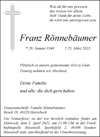 Anzeige von Franz Rönnebäumer 