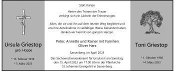 Anzeige von Ursula Griestop 