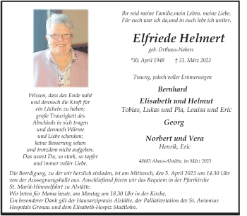 Anzeige von Elfriede Helmert 