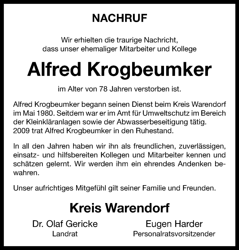  Traueranzeige für Alfred Krogbeumker vom 27.05.2023 aus 