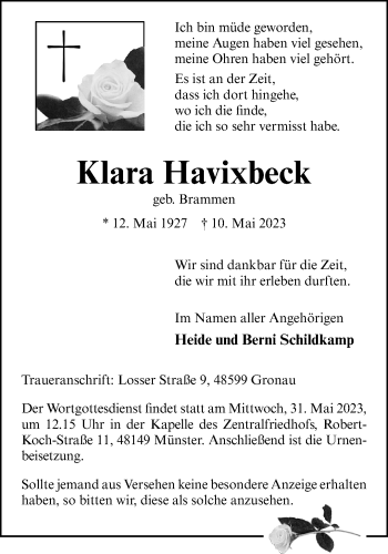 Anzeige von Klara Havixbeck 