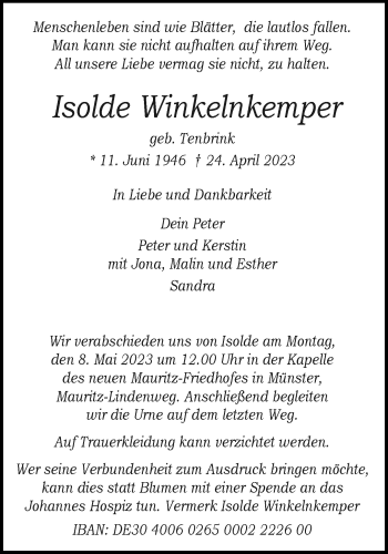 Anzeige von Isolde Winkelnkemper 