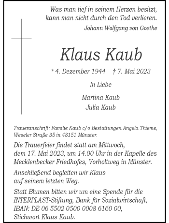 Anzeige von Klaus Kaub 