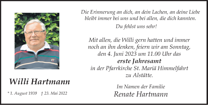  Traueranzeige für Willi Hartmann vom 31.05.2023 aus 
