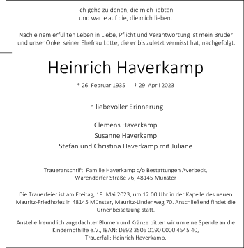 Anzeige von Heinrich Haverkamp 