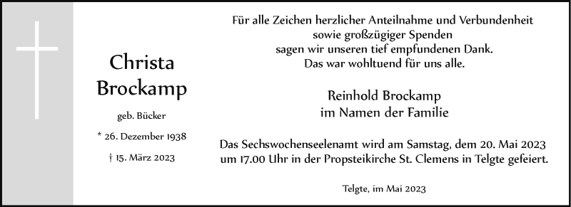  Traueranzeige für Christa Brockamp vom 13.05.2023 aus 
