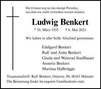 Anzeige von Ludwig Benkert 