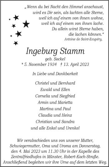 Anzeige von Ingeburg Stamm 