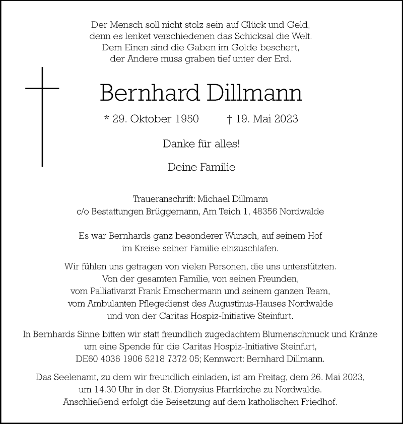  Traueranzeige für Bernhard Dillmann vom 24.05.2023 aus 