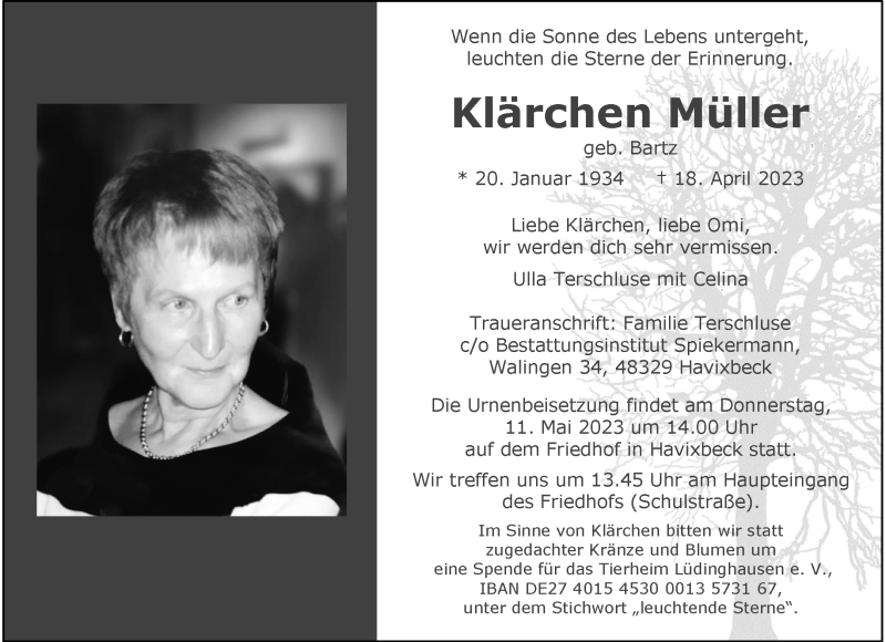  Traueranzeige für Klärchen Müller vom 06.05.2023 aus 