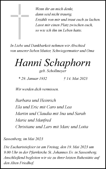 Anzeige von Hanni Schaphorn 