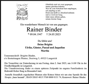 Anzeige von Rainer Binder 
