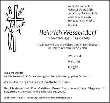 Anzeige von Heinrich Wessendorf 