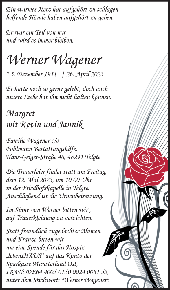  Traueranzeige für Werner Wagener vom 06.05.2023 aus 