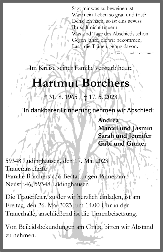  Traueranzeige für Hartmut Borchers vom 20.05.2023 aus 