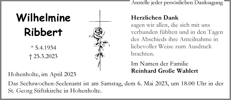  Traueranzeige für Wilhelmine Ribbert vom 29.04.2023 aus 